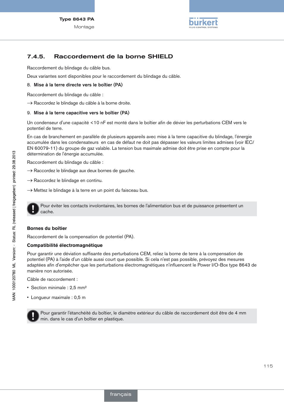 Raccordement de la borne shield | Burkert Type 8643 User Manual | Page 115 / 162