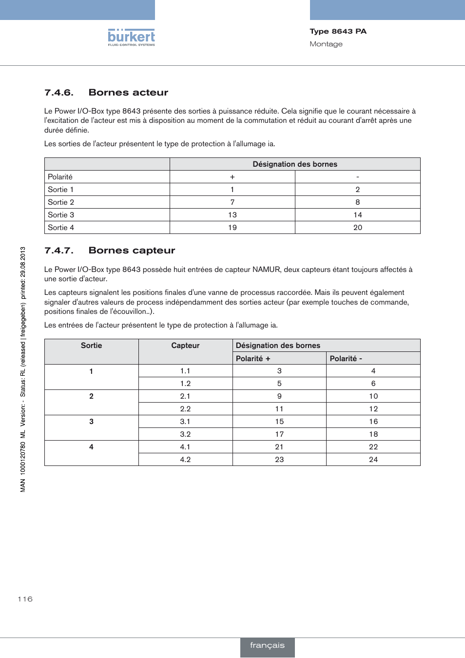 Bornes acteur, Bornes capteur | Burkert Type 8643 User Manual | Page 116 / 162