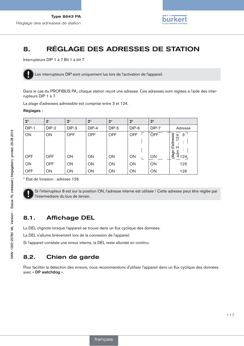 Réglage des adresses de station, Affichage del, Chien de garde | Réglage des adresses de station 8, Affichage del 8.1, Chien de garde 8.2 | Burkert Type 8643 User Manual | Page 117 / 162