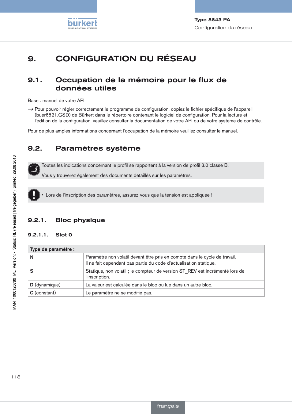 Configuration du réseau, Paramètres système, Bloc physique | Configuration du réseau 9, Paramètres système 9.2 | Burkert Type 8643 User Manual | Page 118 / 162