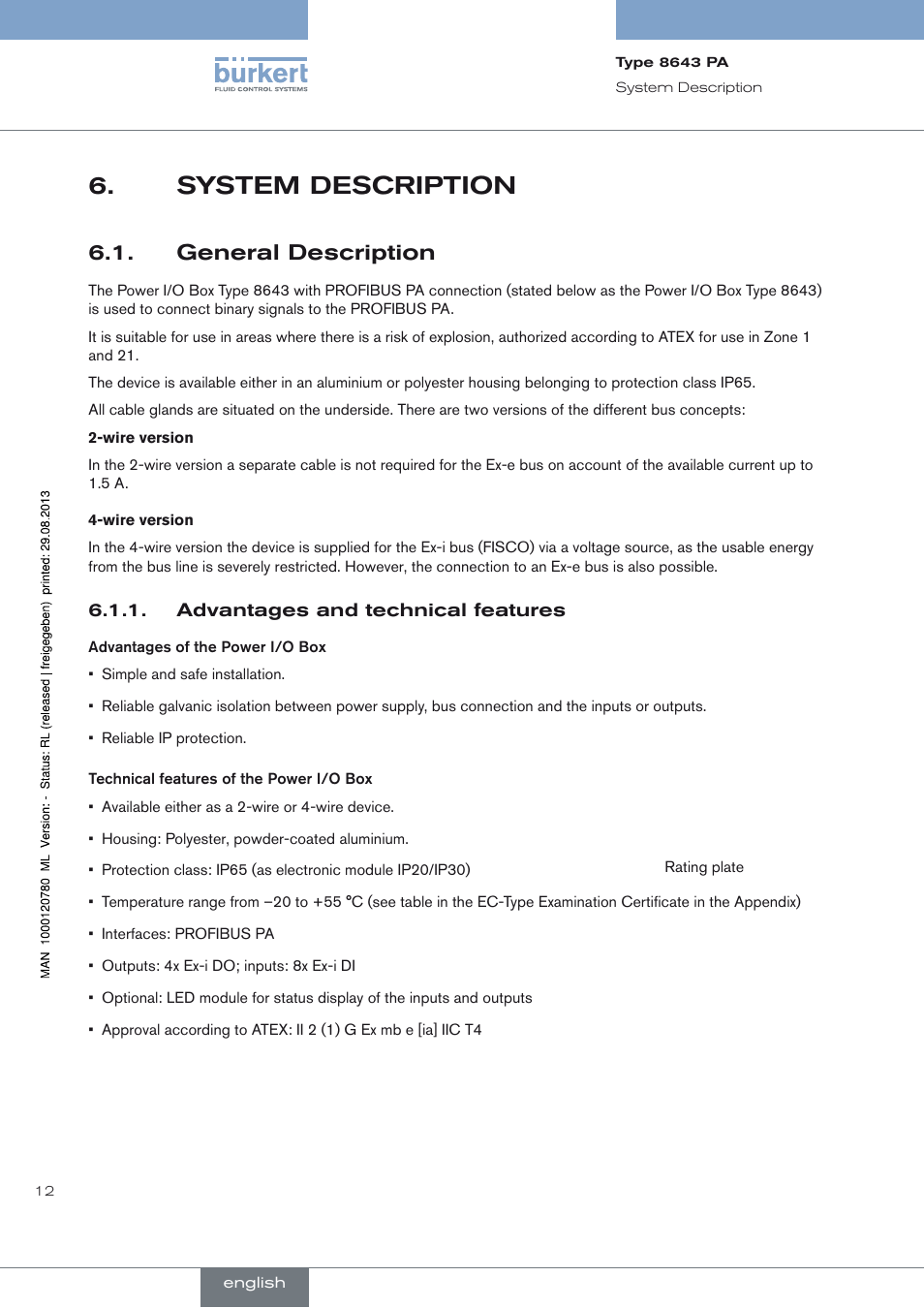 System description, General description, Advantages and technical features | System description 6, General description 6.1 | Burkert Type 8643 User Manual | Page 12 / 162