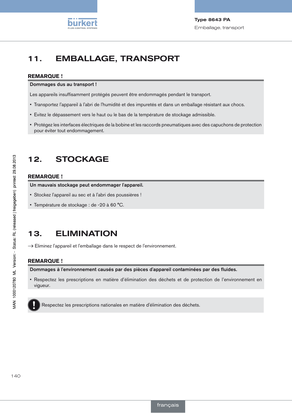 Emballage, transport, Stockage, Elimination | Emballage, transport 11, Stockage 12, Elimination 13 | Burkert Type 8643 User Manual | Page 140 / 162