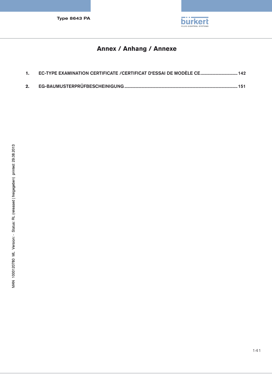 Annex / anhang / annexe | Burkert Type 8643 User Manual | Page 141 / 162