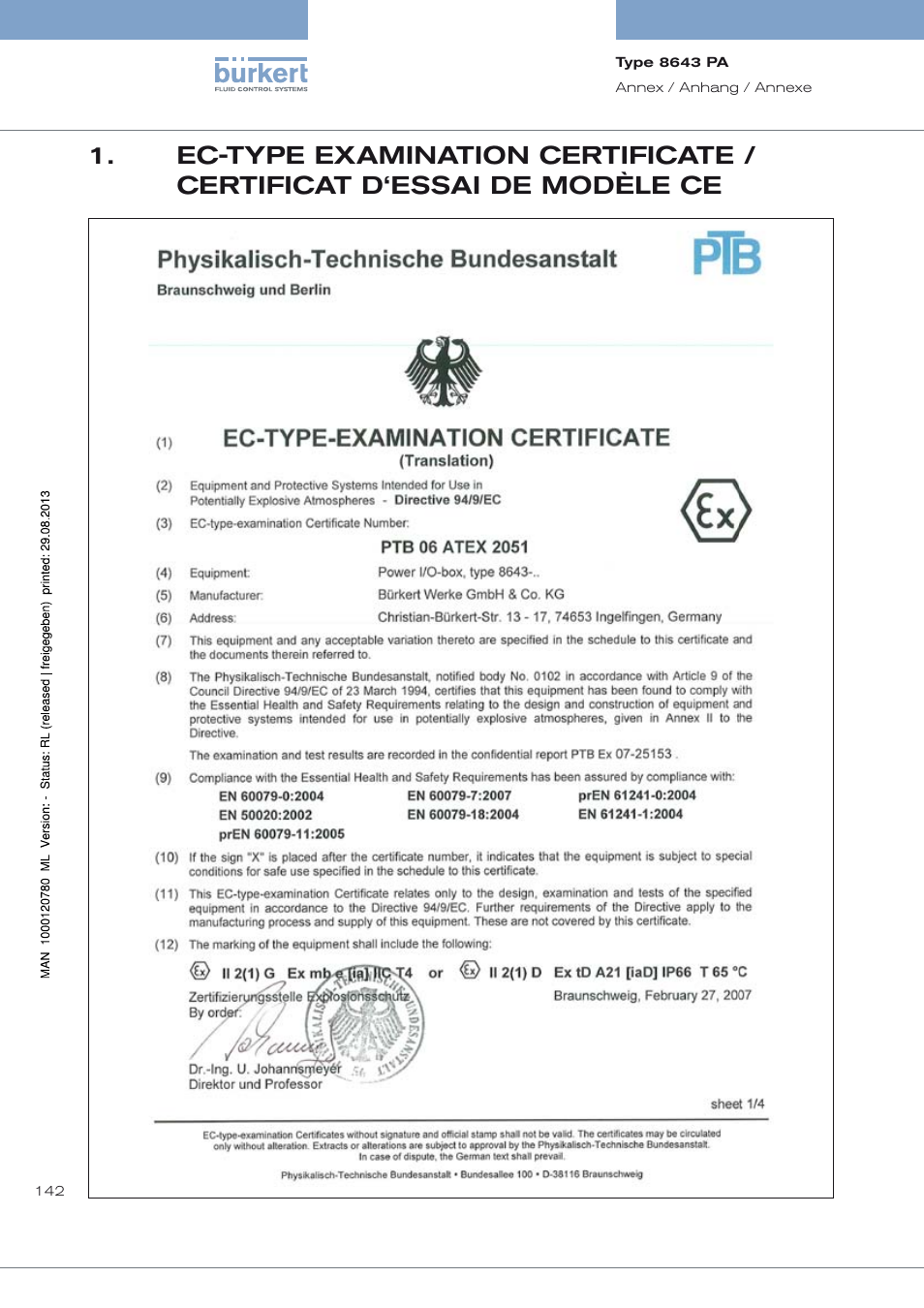 Ec-type examination certificate, Certificat d ‘essai de modèle ce | Burkert Type 8643 User Manual | Page 142 / 162