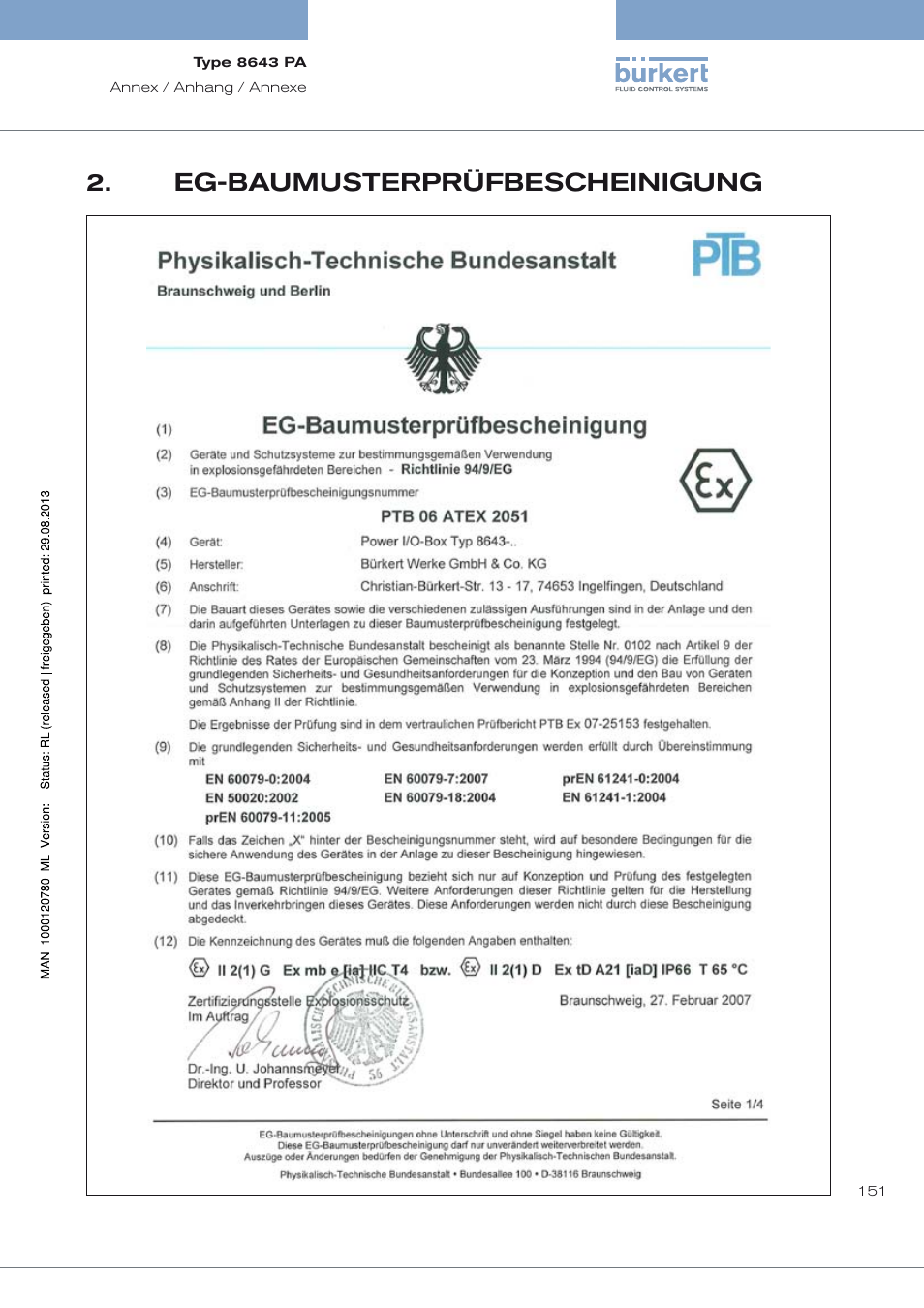 Eg-baumusterprüfbescheinigung, Eg-baumusterprüfbescheinigung 2 | Burkert Type 8643 User Manual | Page 151 / 162