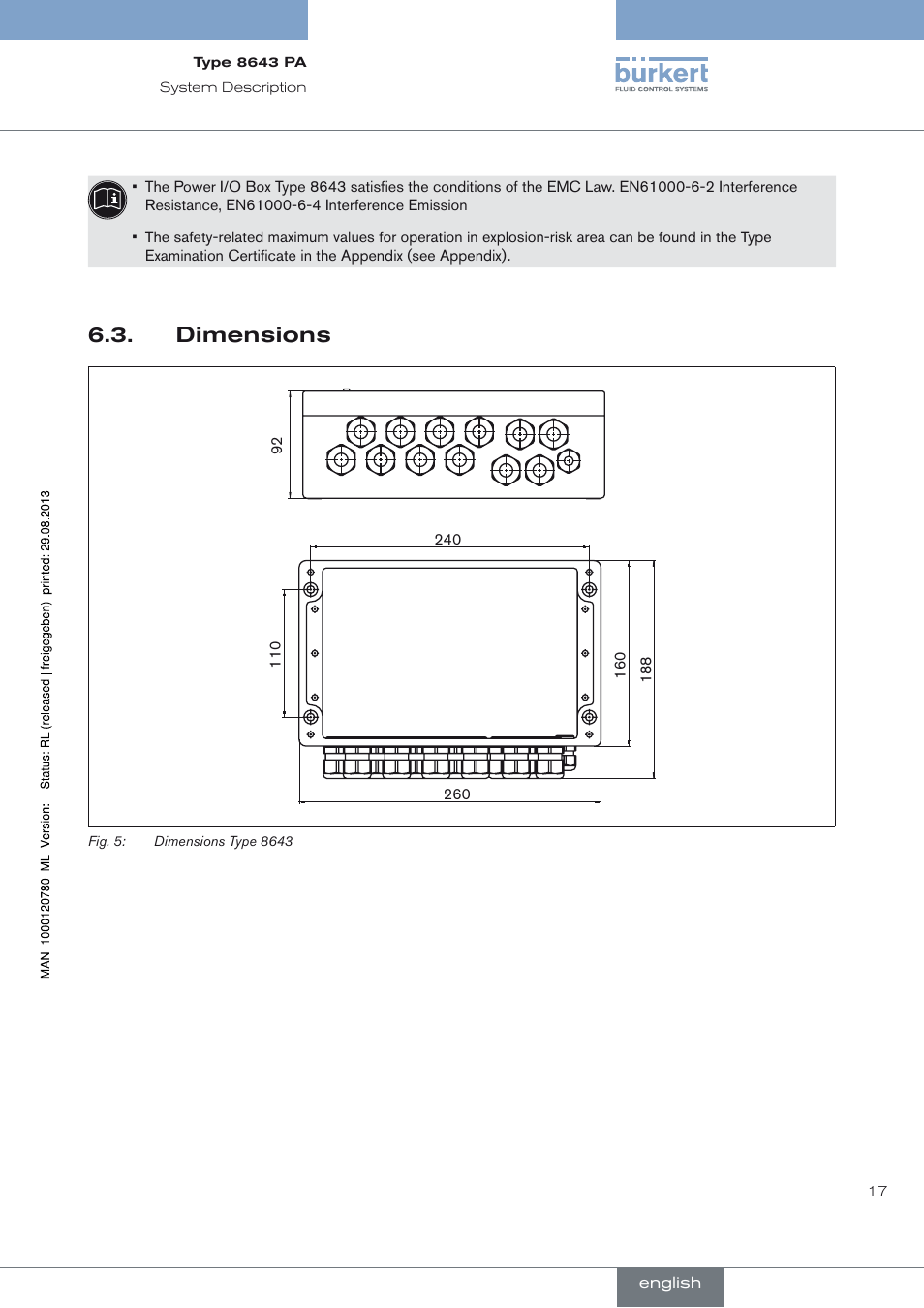 Dimensions, Dimensions 6.3 | Burkert Type 8643 User Manual | Page 17 / 162