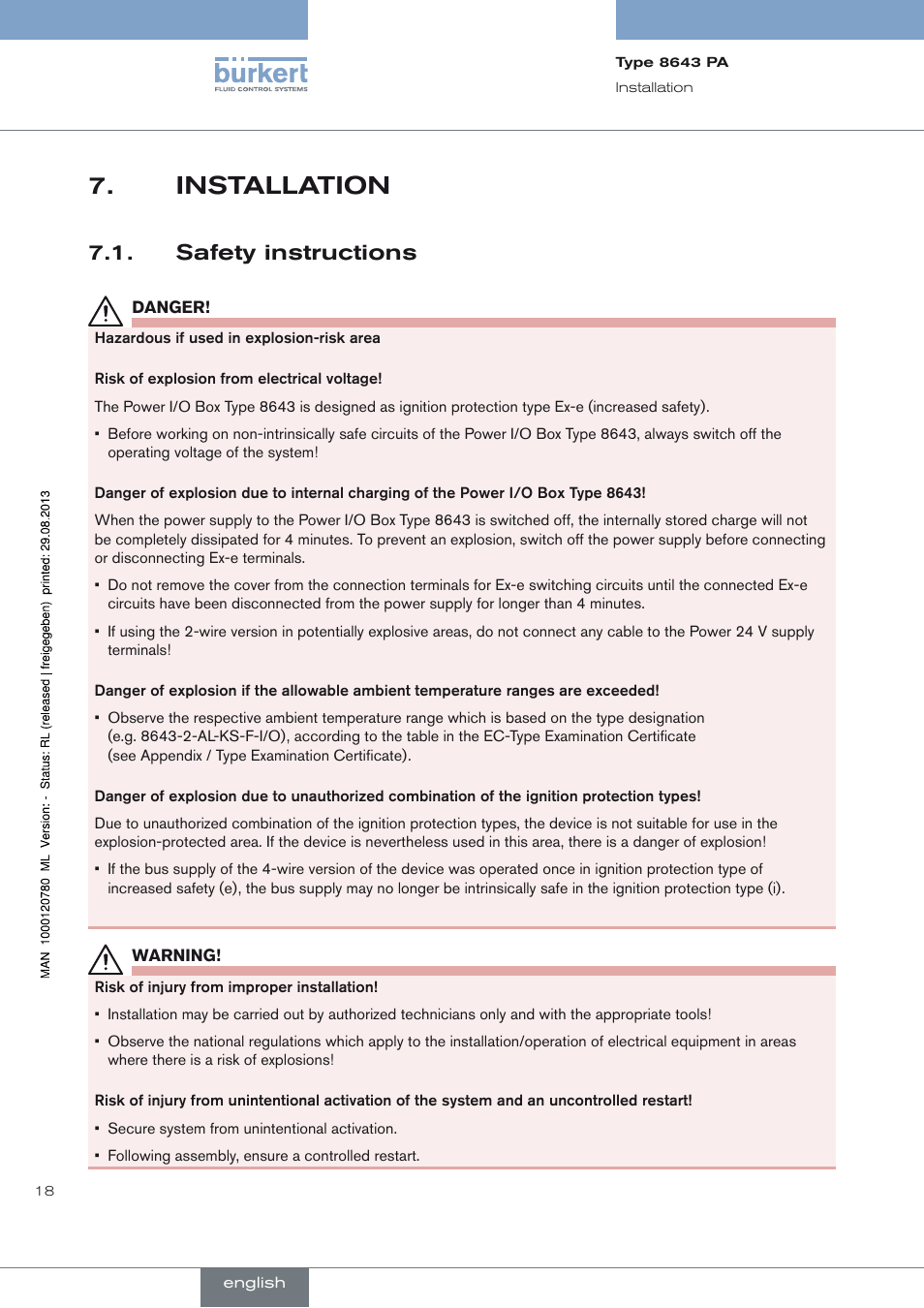 Installation, Safety instructions, Installation 7 | Safety instructions 7.1 | Burkert Type 8643 User Manual | Page 18 / 162