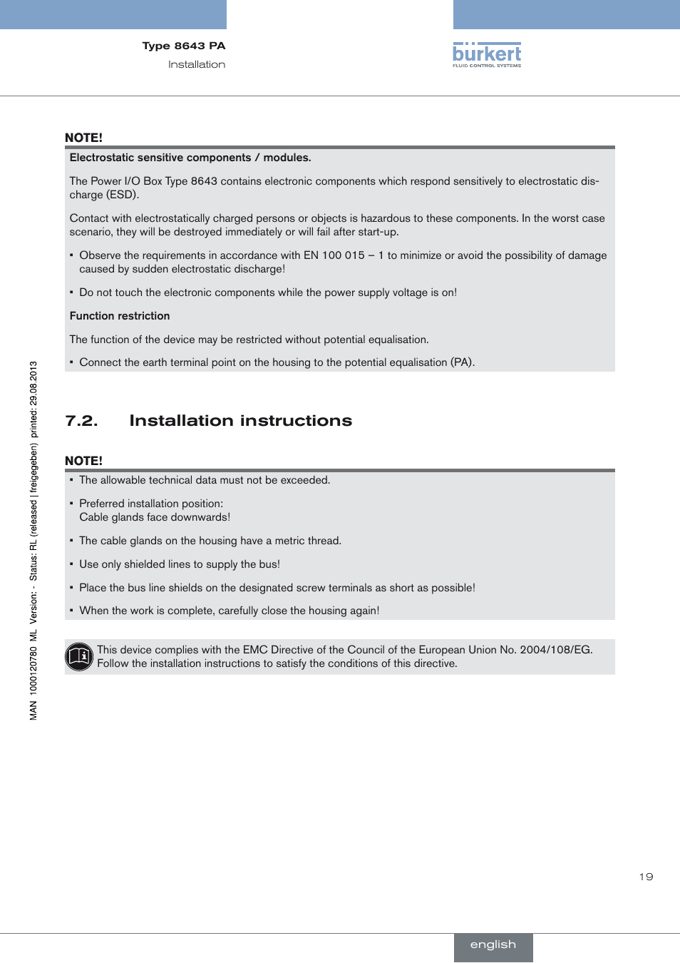 Installation instructions, Installation instructions 7.2 | Burkert Type 8643 User Manual | Page 19 / 162