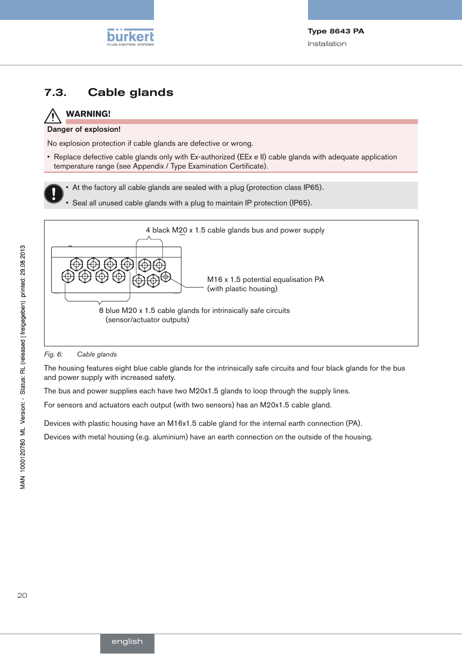 Cable glands, Cable glands 7.3 | Burkert Type 8643 User Manual | Page 20 / 162