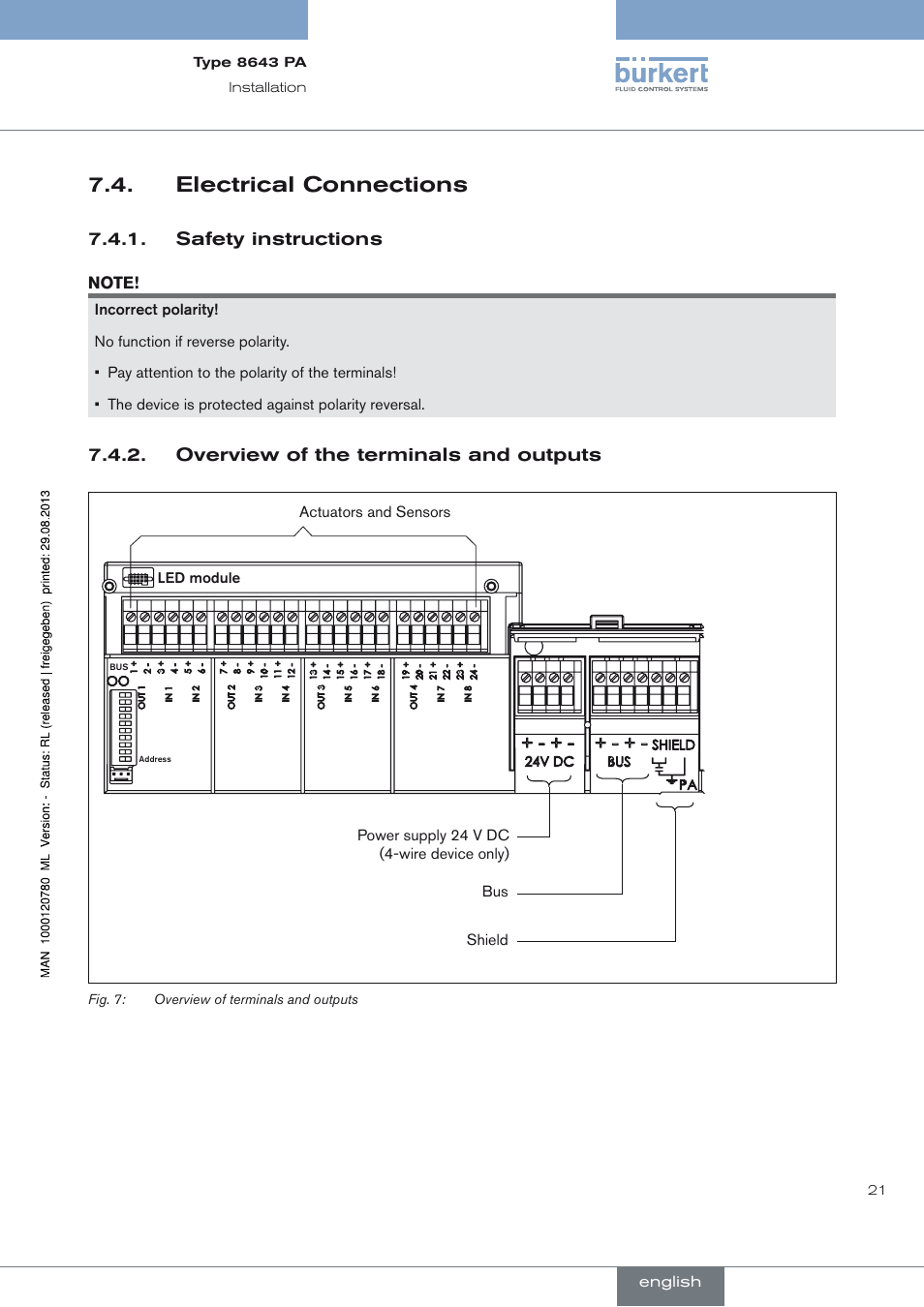 Electrical connections, Safety instructions, Overview of the terminals and outputs | Electrical connections 7.4 | Burkert Type 8643 User Manual | Page 21 / 162