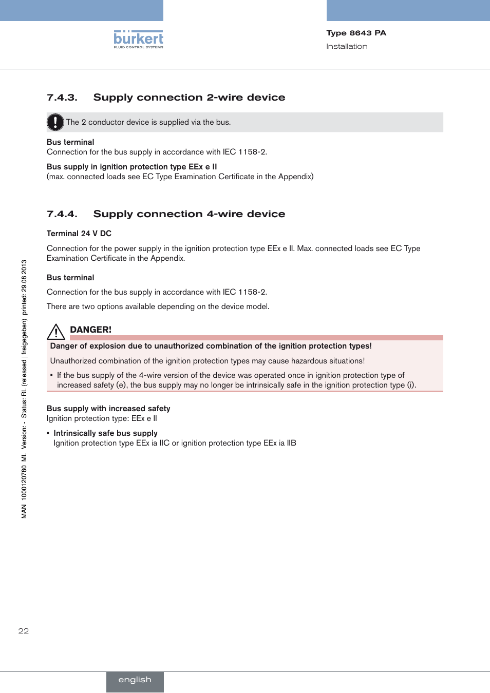 Supply connection 2-wire device, Supply connection 4-wire device | Burkert Type 8643 User Manual | Page 22 / 162