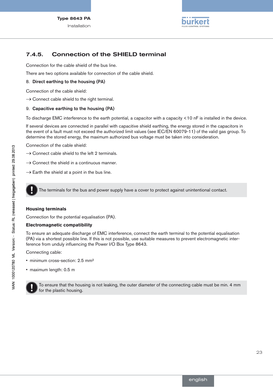 Connection of the shield terminal | Burkert Type 8643 User Manual | Page 23 / 162