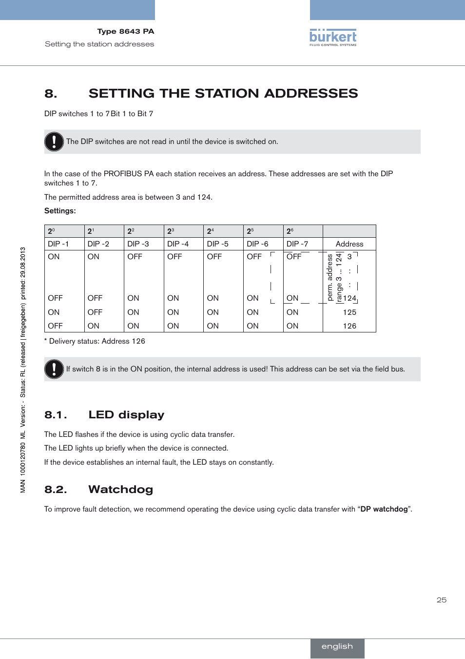 Setting the station addresses, Led display, Watchdog | Setting the station addresses 8, Led display 8.1, Watchdog 8.2 | Burkert Type 8643 User Manual | Page 25 / 162