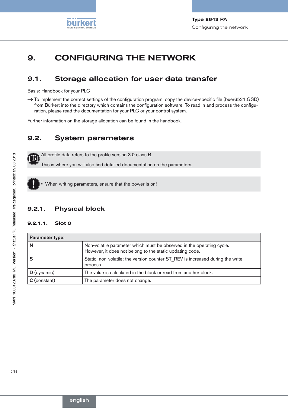 Configuring the network, Storage allocation for user data transfer, System parameters | Physical block, Configuring the network 9, Storage allocation for user data transfer 9.1, System parameters 9.2 | Burkert Type 8643 User Manual | Page 26 / 162