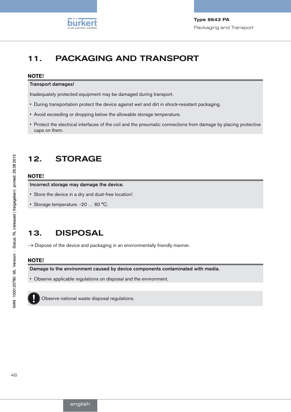 Packaging and transport, Storage, Disposal | Packaging and transport 11, Storage 12, Disposal 13 | Burkert Type 8643 User Manual | Page 48 / 162