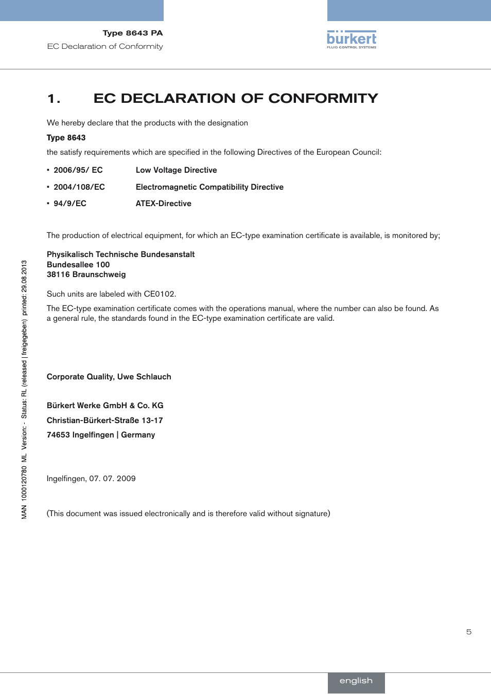 Ec declaration of conformity, Ec declaration of conformity 1 | Burkert Type 8643 User Manual | Page 5 / 162