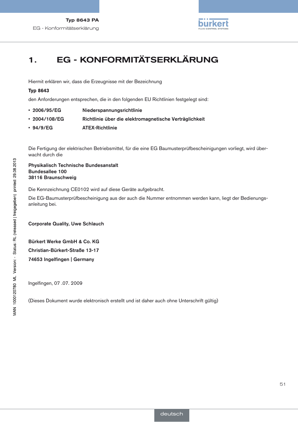 Eg -konformitätserklärung, Eg - konformitätserklärung, Eg - konformitätserklärung 1 | Burkert Type 8643 User Manual | Page 51 / 162