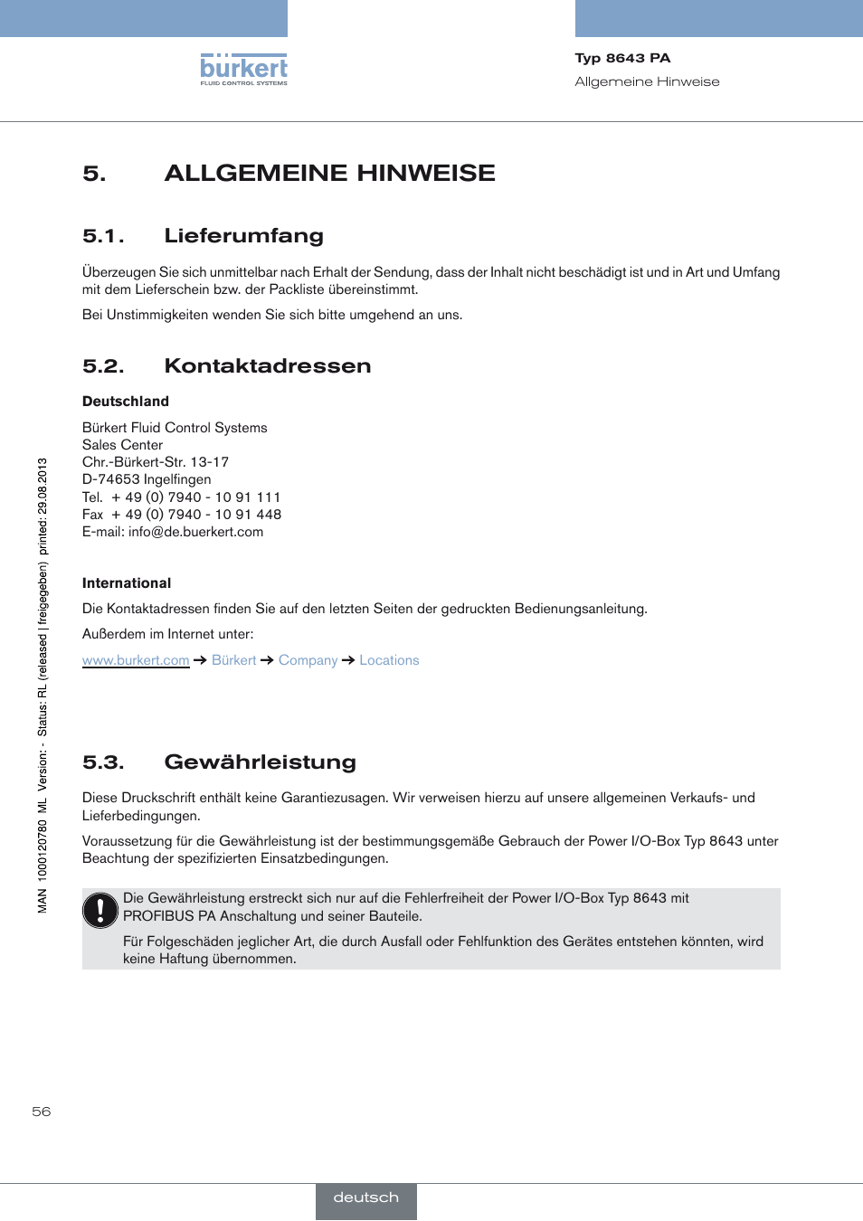 Allgemeine hinweise, Lieferumfang, Kontaktadressen | Gewährleistung, Allgemeine hinweise 5, Lieferumfang 5.1, Kontaktadressen 5.2, Gewährleistung 5.3 | Burkert Type 8643 User Manual | Page 56 / 162