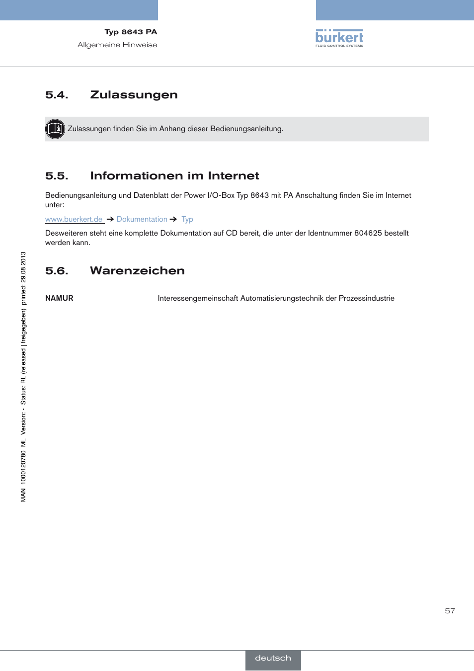 Zulassungen, Informationen im internet, Warenzeichen | Zulassungen 5.4, Informationen im internet 5.5, Warenzeichen 5.6 | Burkert Type 8643 User Manual | Page 57 / 162