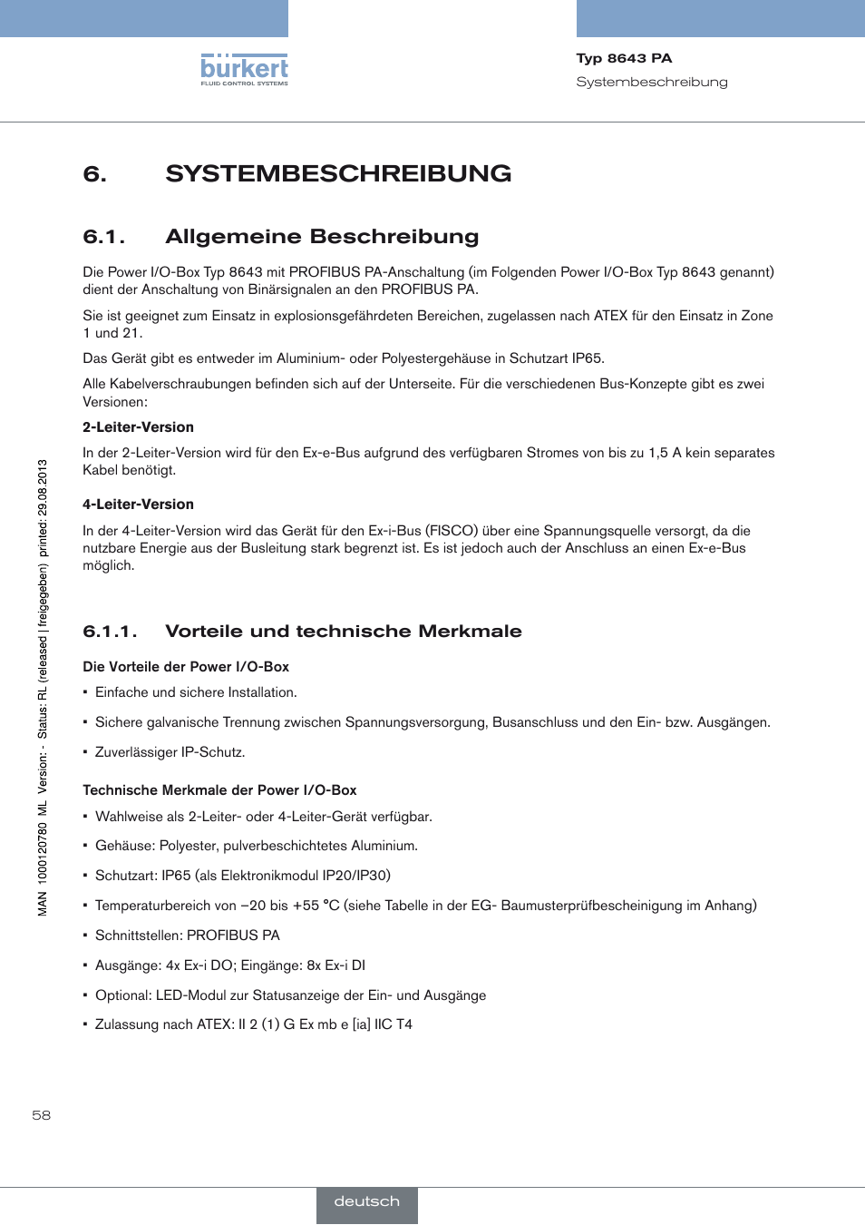 Systembeschreibung, Allgemeine beschreibung, Vorteile und technische merkmale | Systembeschreibung 6, Allgemeine beschreibung 6.1 | Burkert Type 8643 User Manual | Page 58 / 162