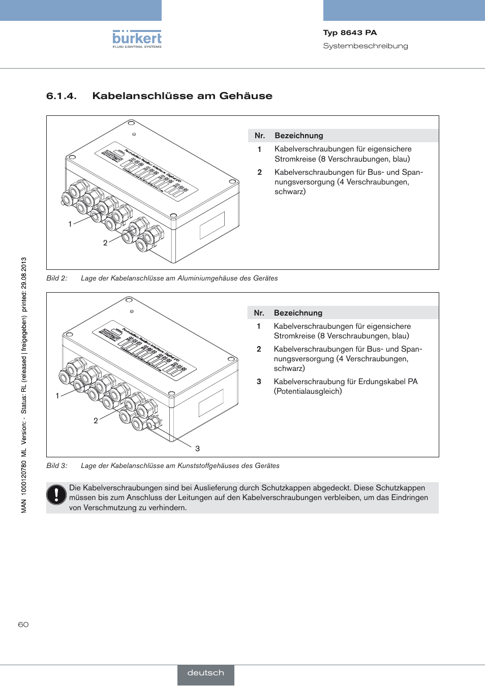 Kabelanschlüsse am gehäuse | Burkert Type 8643 User Manual | Page 60 / 162