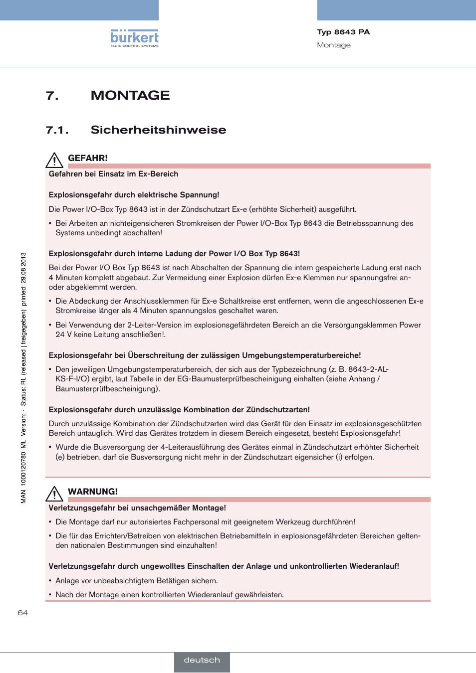 Montage, Sicherheitshinweise, Montage 7 | Sicherheitshinweise 7.1 | Burkert Type 8643 User Manual | Page 64 / 162