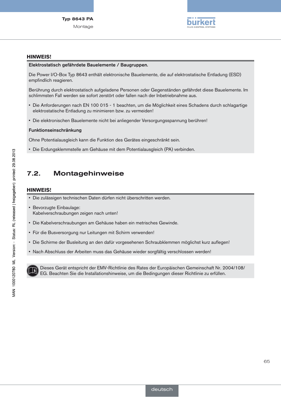 Montagehinweise, Montagehinweise 7.2 | Burkert Type 8643 User Manual | Page 65 / 162