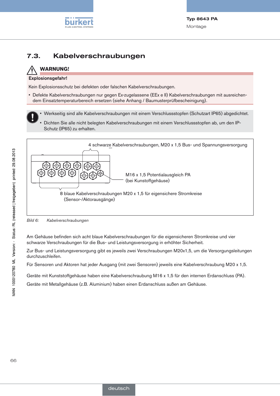 Kabelverschraubungen, Kabelverschraubungen 7.3 | Burkert Type 8643 User Manual | Page 66 / 162