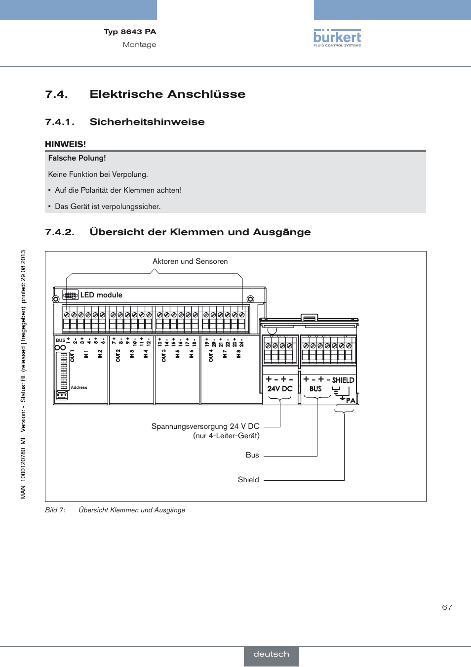 Elektrische anschlüsse, Sicherheitshinweise, Übersicht der klemmen und ausgänge | Elektrische anschlüsse 7.4 | Burkert Type 8643 User Manual | Page 67 / 162