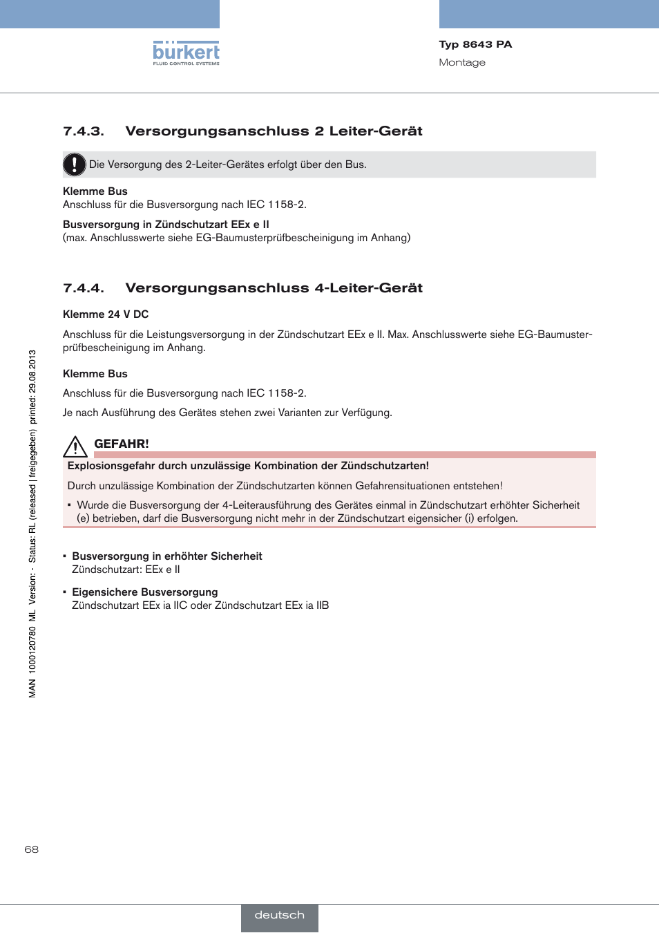 Versorgungsanschluss 2 leiter-gerät, Versorgungsanschluss 4-leiter-gerät | Burkert Type 8643 User Manual | Page 68 / 162