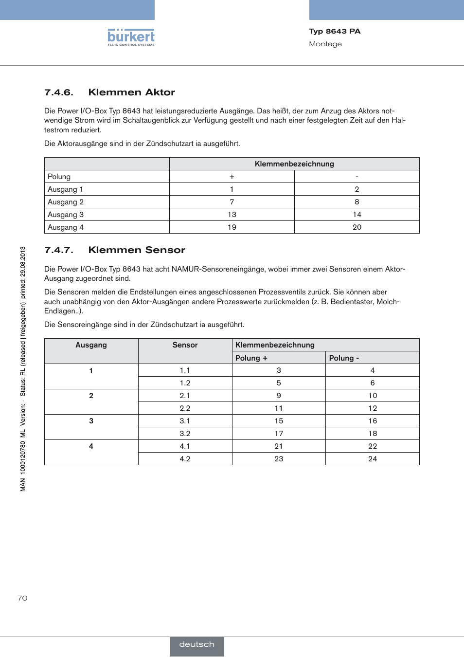 Klemmen aktor, Klemmen sensor | Burkert Type 8643 User Manual | Page 70 / 162