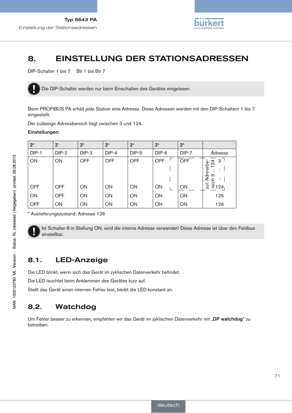 Einstellung der stationsadressen, Led-anzeige, Watchdog | Einstellung der stationsadressen 8, Led-anzeige 8.1, Watchdog 8.2 | Burkert Type 8643 User Manual | Page 71 / 162