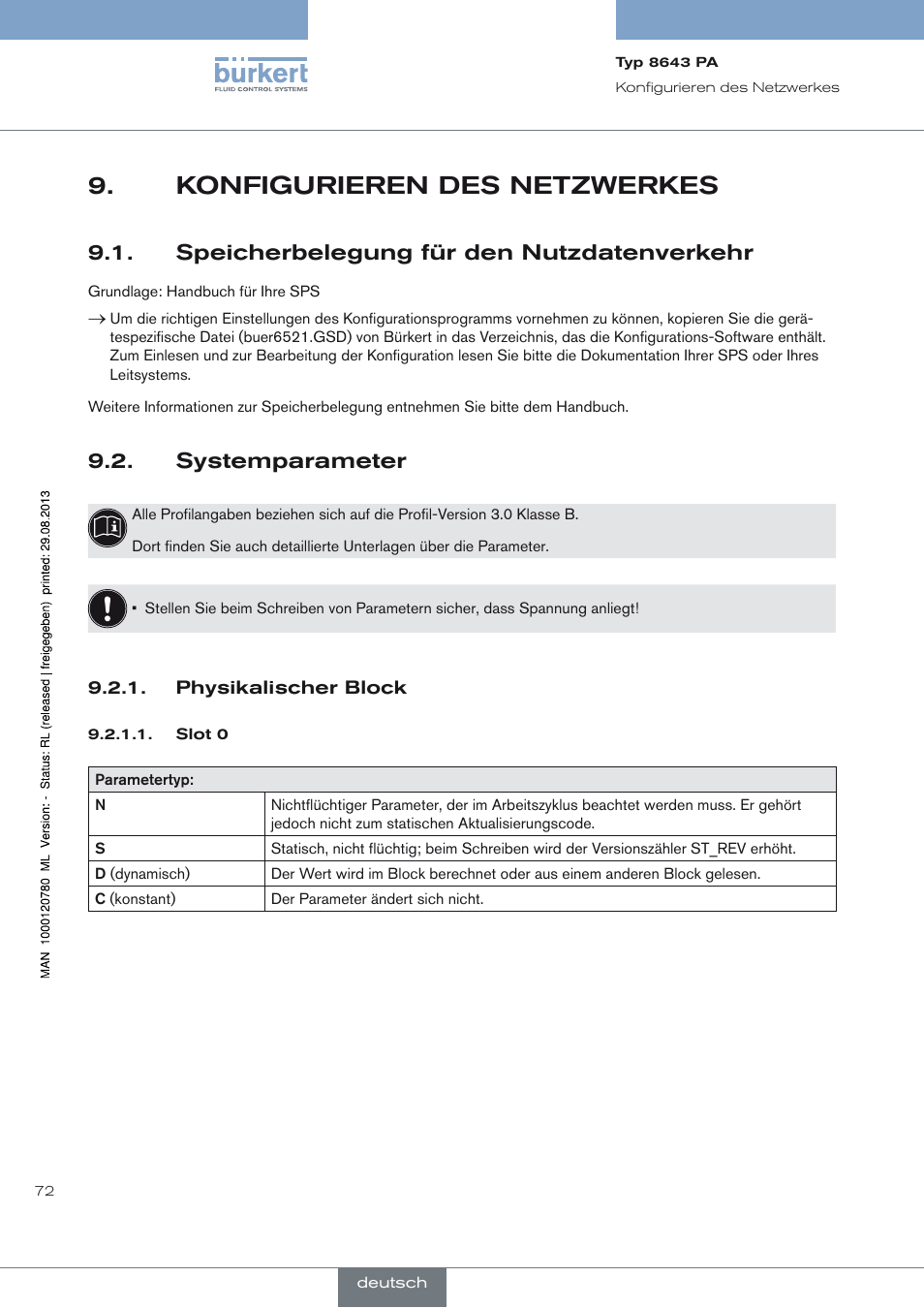 Konfigurieren des netzwerkes, Speicherbelegung für den nutzdatenverkehr, Systemparameter | Physikalischer block, Konfigurieren des netzwerkes 9, Speicherbelegung für den nutzdatenverkehr 9.1, Systemparameter 9.2 | Burkert Type 8643 User Manual | Page 72 / 162