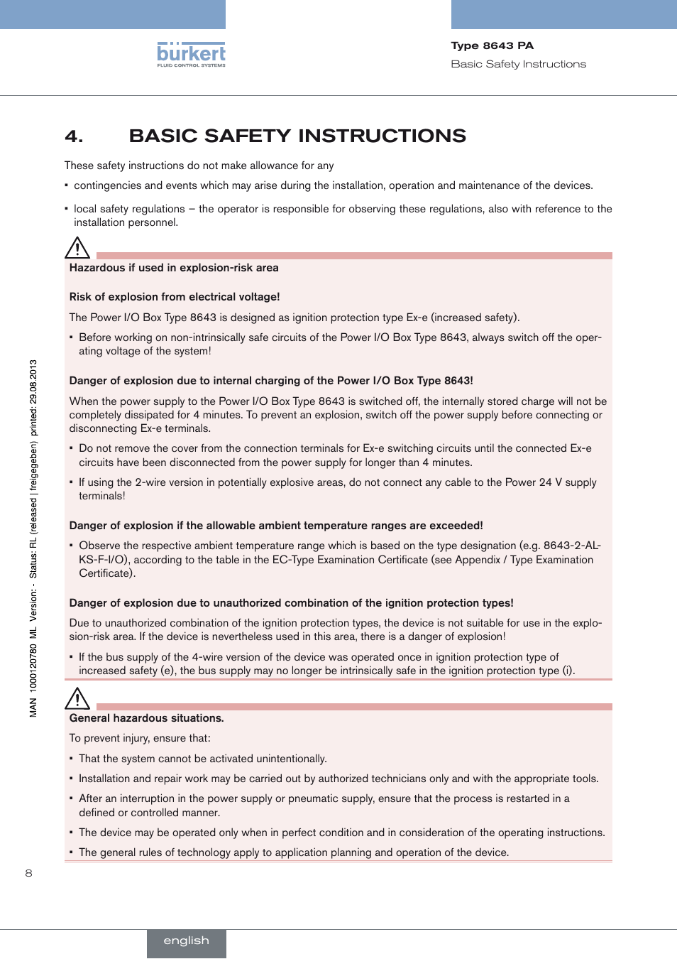 Basic safety instructions, Basic safety instructions 4 | Burkert Type 8643 User Manual | Page 8 / 162