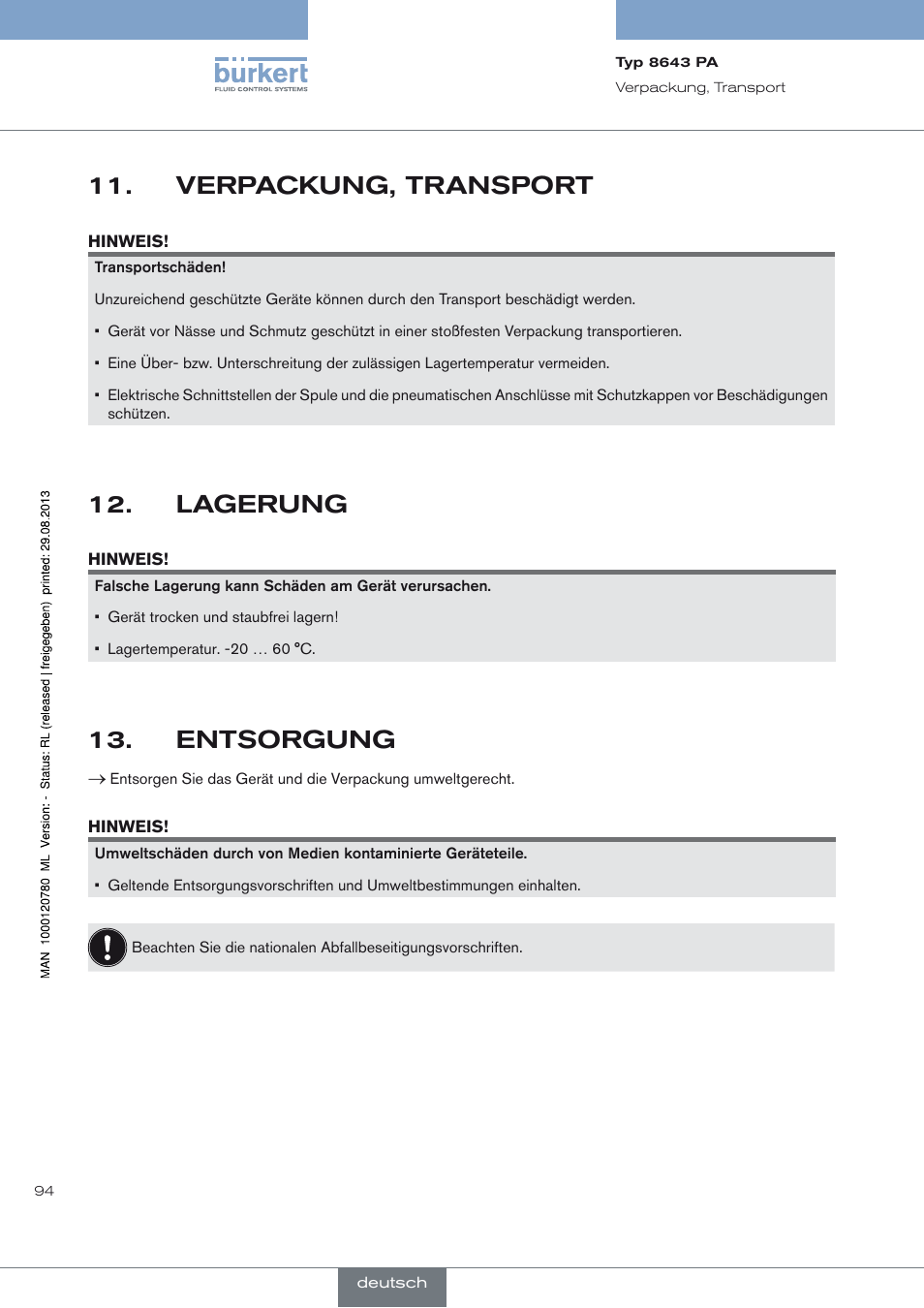 Verpackung, transport, Lagerung, Entsorgung | Verpackung, transport 11, Lagerung 12, Entsorgung 13 | Burkert Type 8643 User Manual | Page 94 / 162