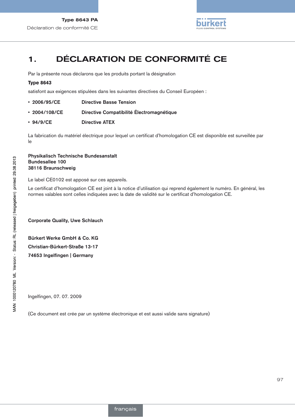 Déclaration de conformité ce, Déclaration de conformité ce 1 | Burkert Type 8643 User Manual | Page 97 / 162