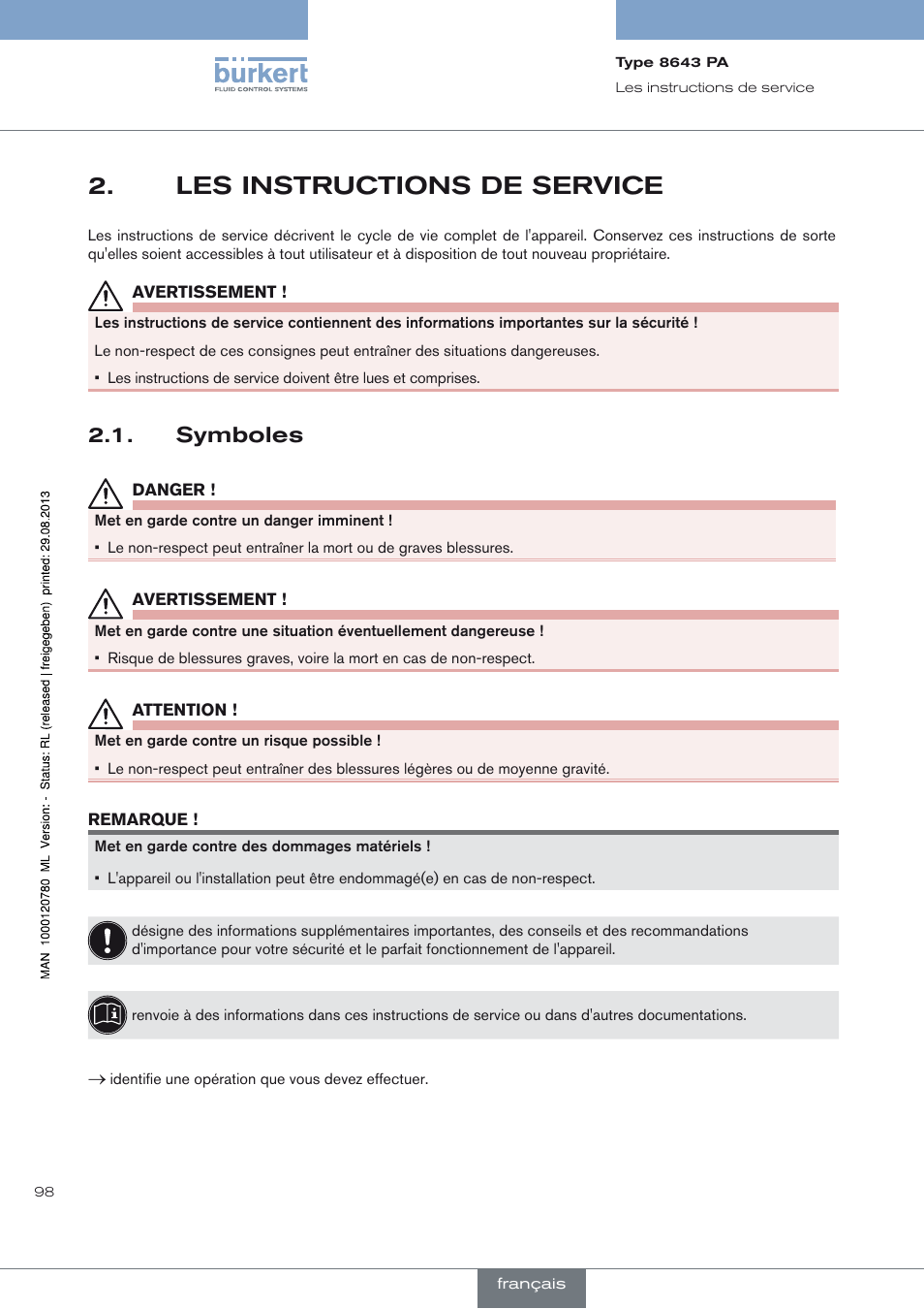 Les instructions de service, Symboles, Les instructions de service 2 | Symboles 2.1 | Burkert Type 8643 User Manual | Page 98 / 162