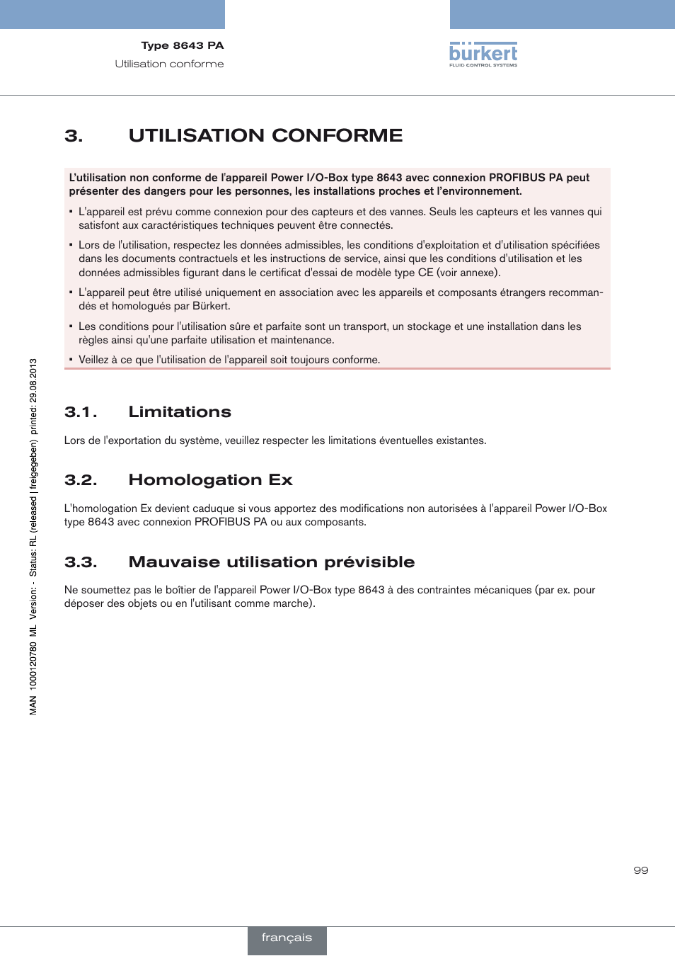 Utilisation conforme, Limitations, Homologation ex | Mauvaise utilisation prévisible, Utilisation conforme 3, Limitations 3.1, Homologation ex 3.2, Mauvaise utilisation prévisible 3.3 | Burkert Type 8643 User Manual | Page 99 / 162