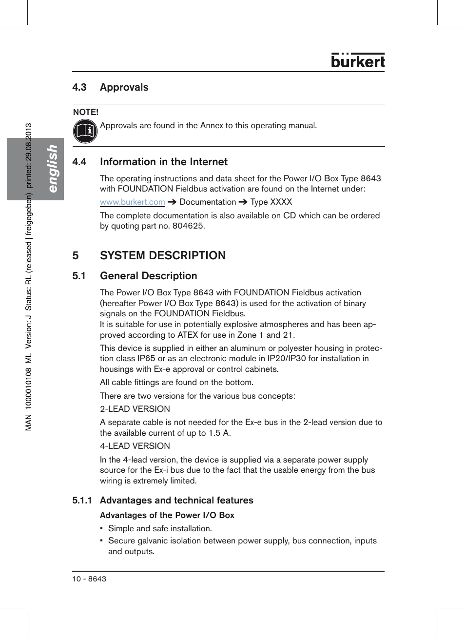 3 approvals, 4 information in the internet, 5 system description | 1 general description, English, 5system description | Burkert Type 8643 User Manual | Page 10 / 124