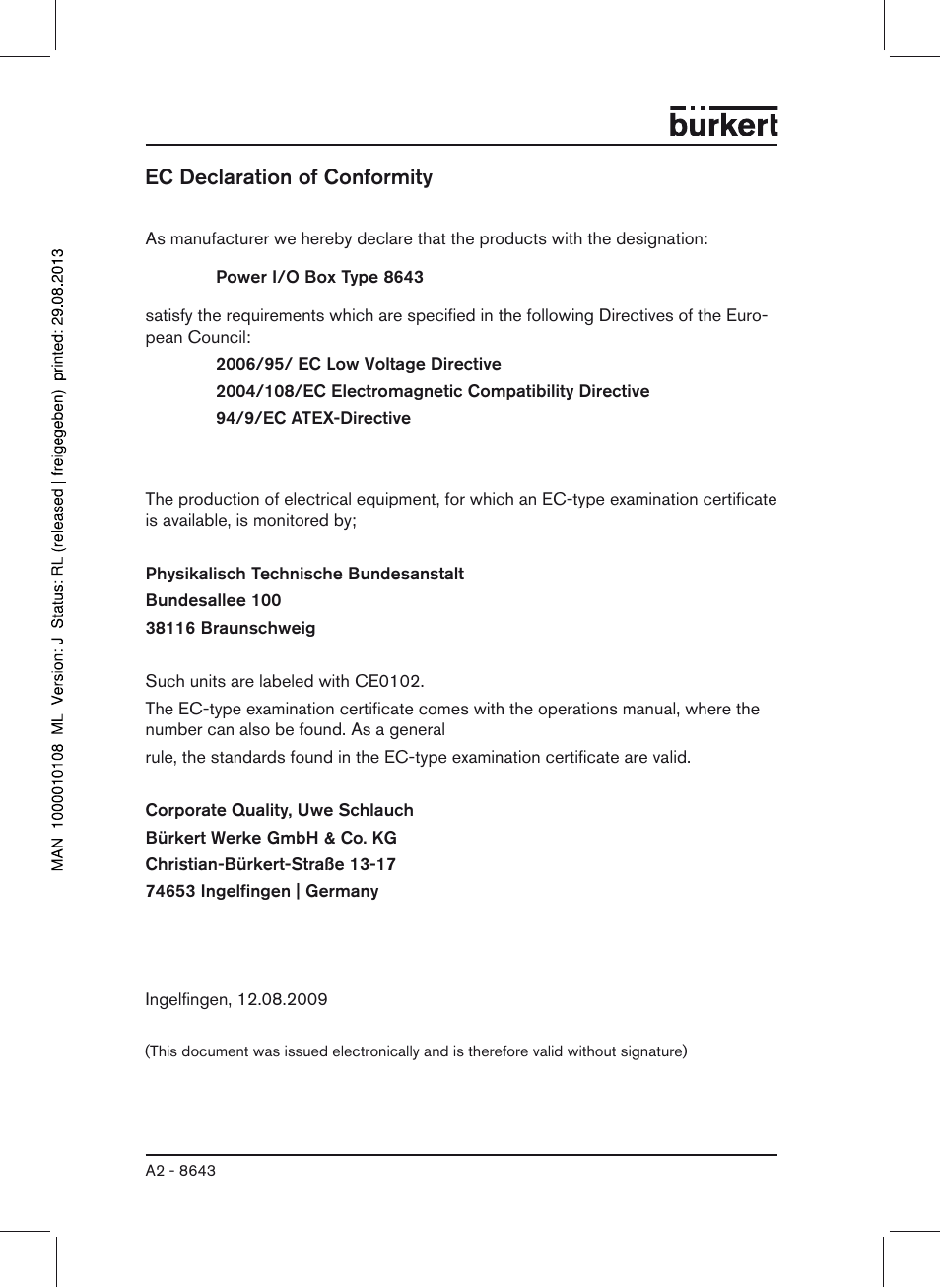 Ec declaration of conformity | Burkert Type 8643 User Manual | Page 102 / 124