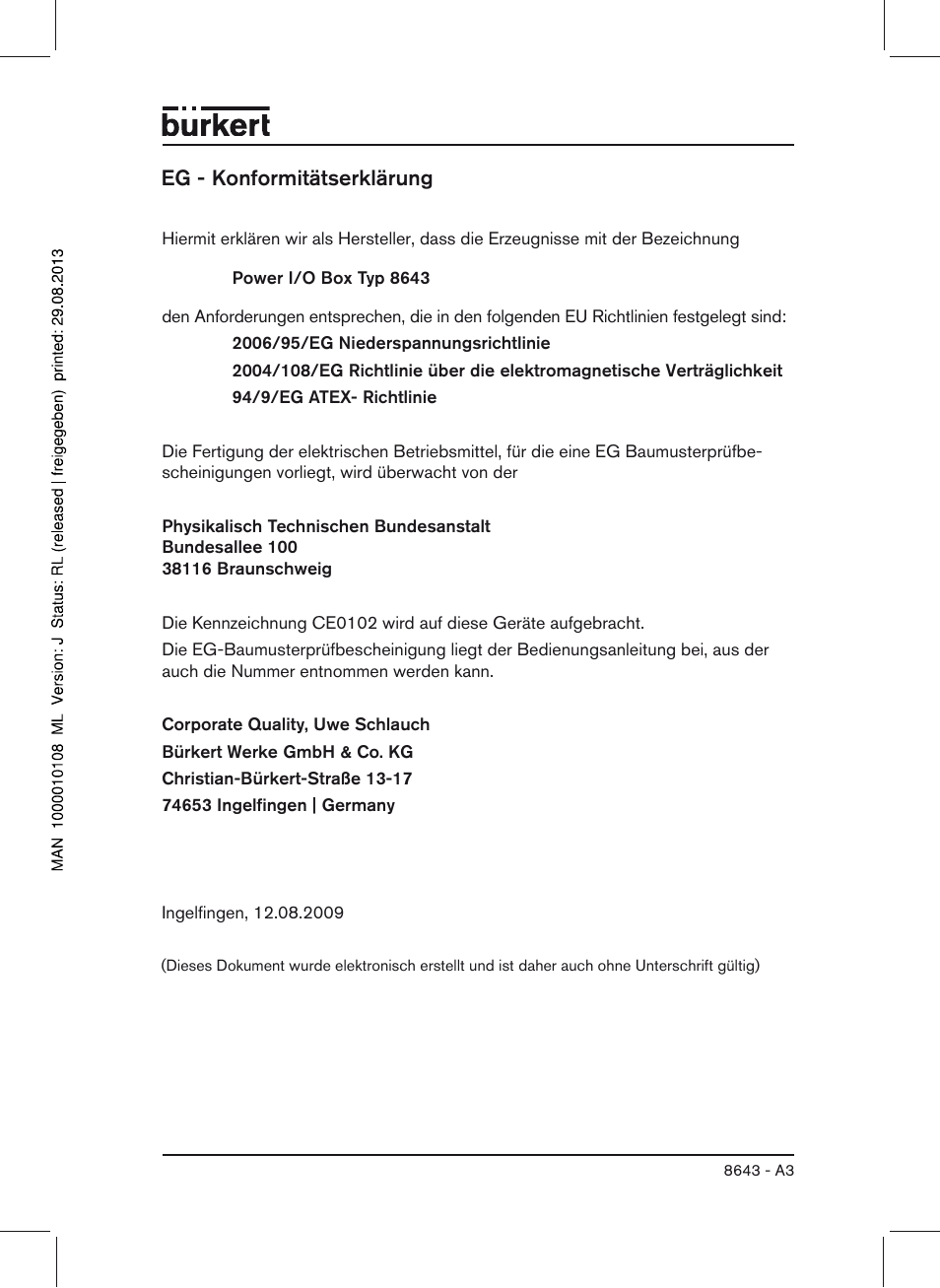 Eg - konformitätserklärung | Burkert Type 8643 User Manual | Page 103 / 124