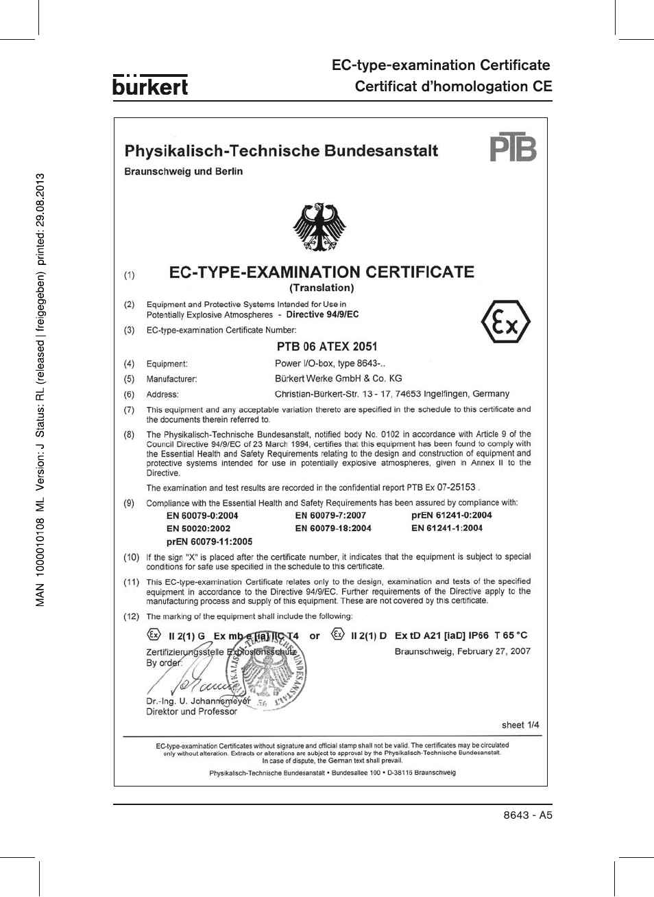 Ec-type-examination certificate, Certificat d’homologation ce | Burkert Type 8643 User Manual | Page 105 / 124