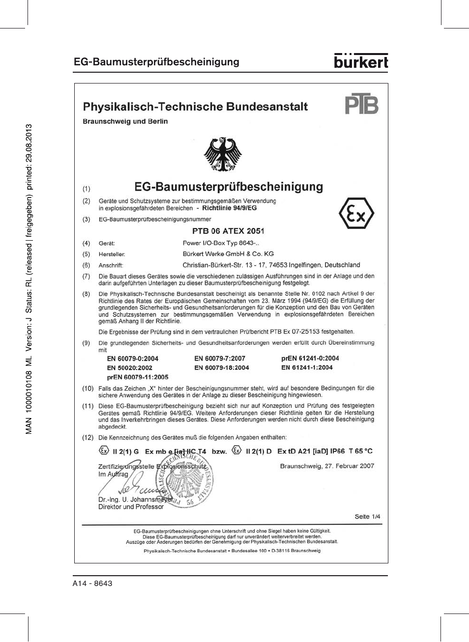 Eg-baumusterprüfbescheinigung | Burkert Type 8643 User Manual | Page 114 / 124