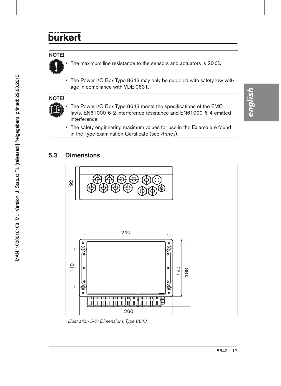 3 dimensions, English | Burkert Type 8643 User Manual | Page 17 / 124