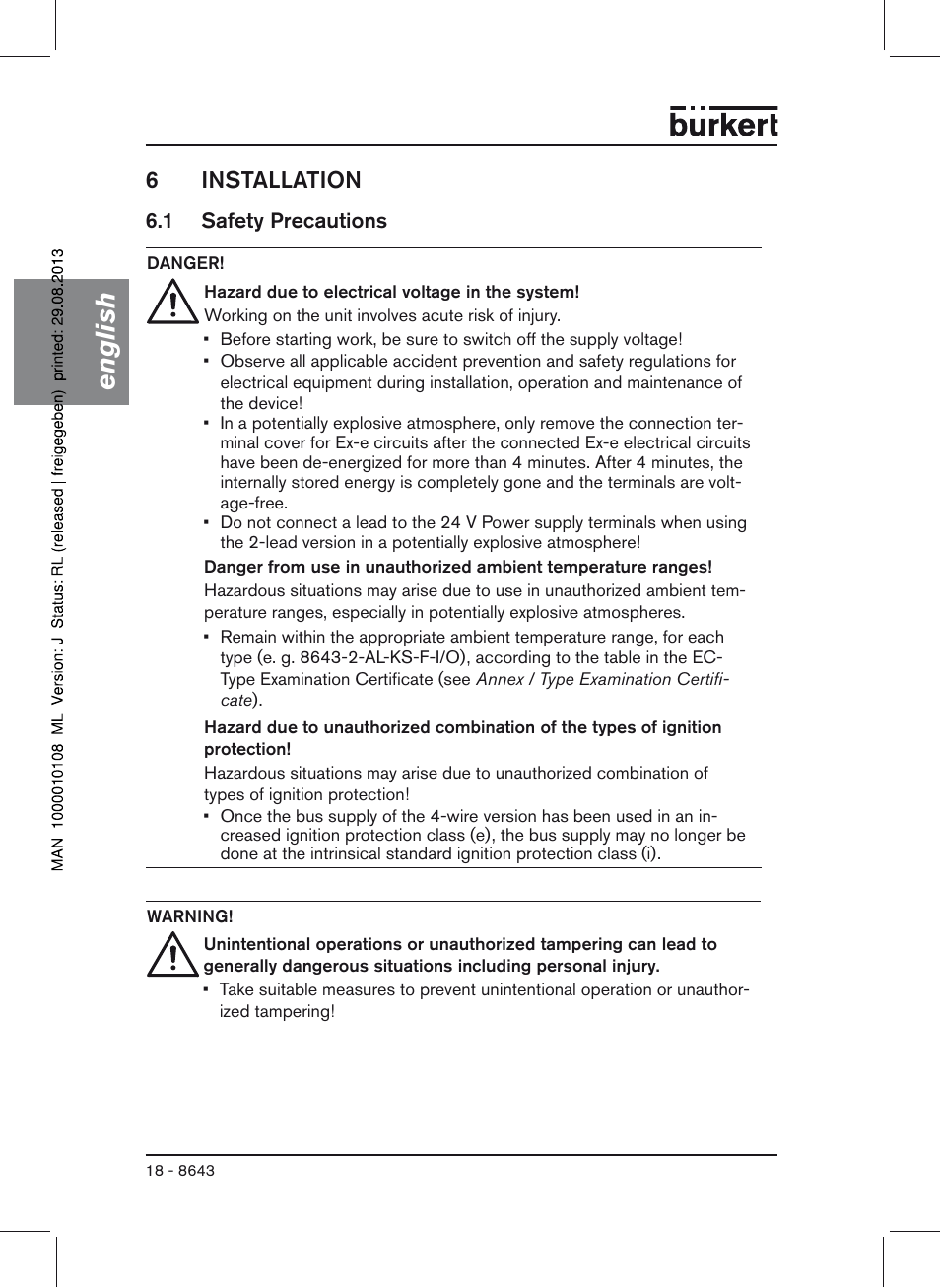 6 installation, 1 safety precautions, English | 6installation | Burkert Type 8643 User Manual | Page 18 / 124