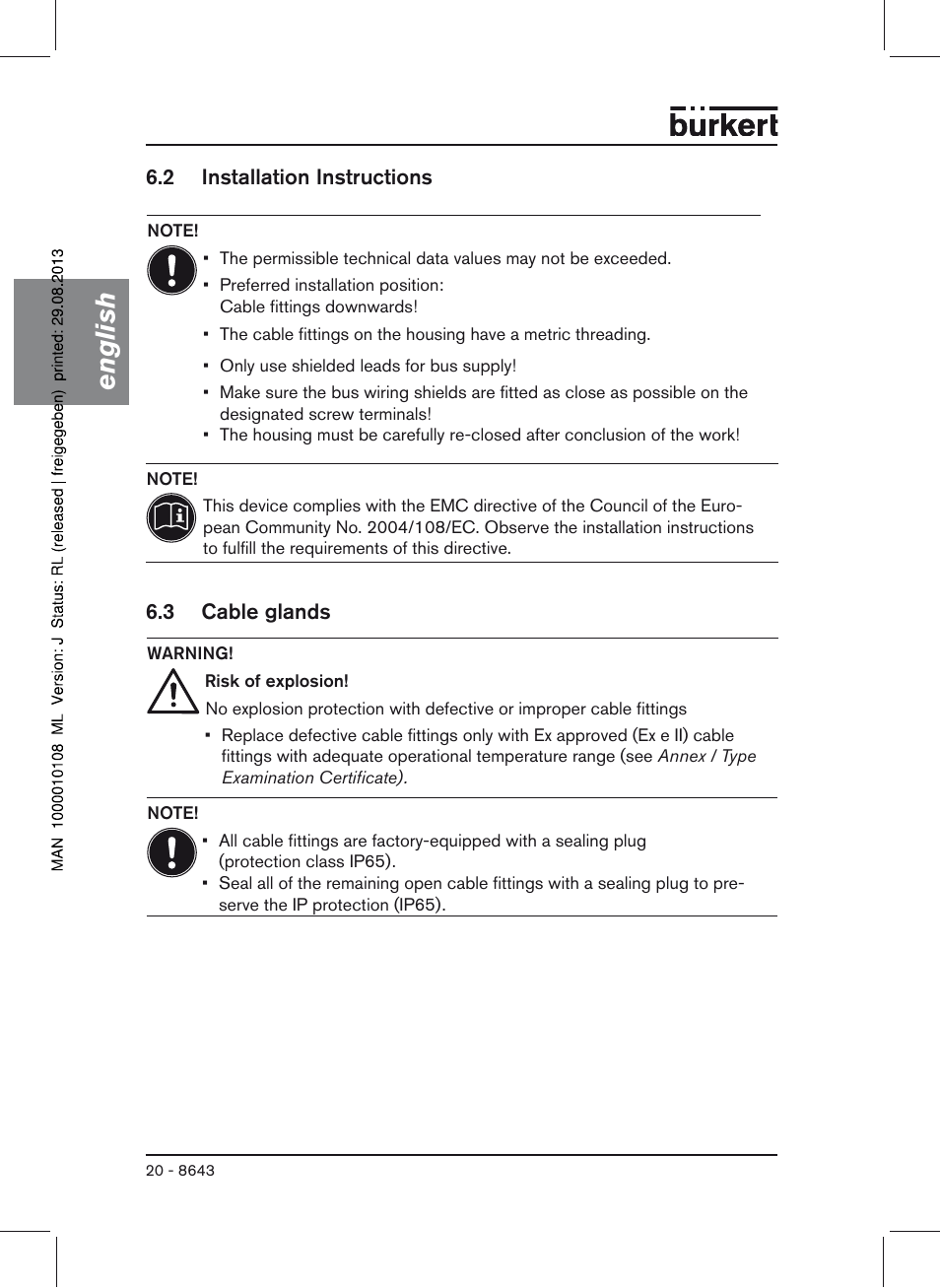 2 installation instructions, 3 cable glands, English | Burkert Type 8643 User Manual | Page 20 / 124