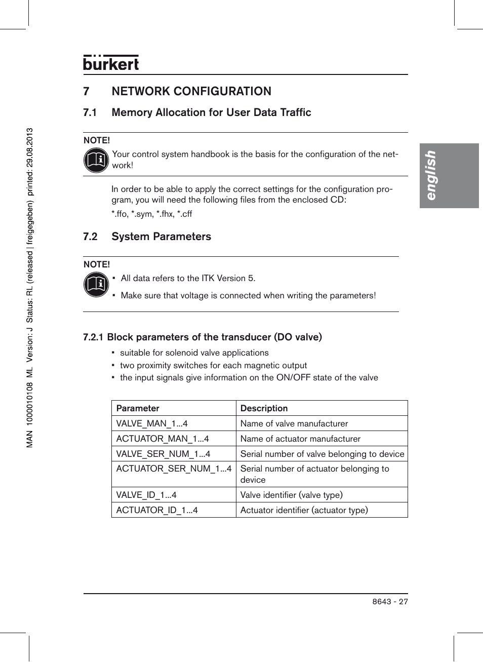 7 network configuration, 1 memory allocation for user data traffic, 2 system parameters | English, 7network configuration | Burkert Type 8643 User Manual | Page 27 / 124