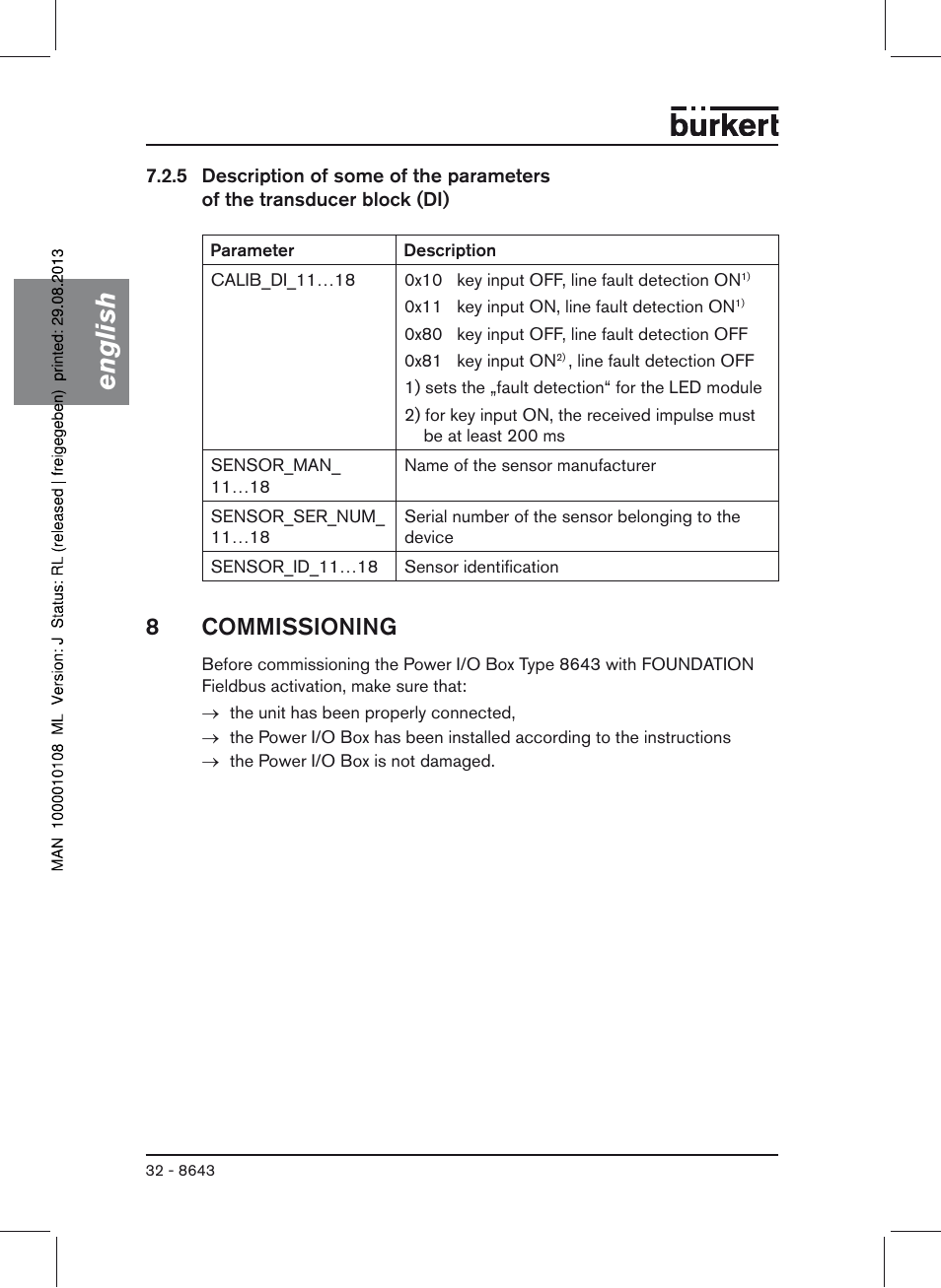 8 commissioning, English, 8commissioning | Burkert Type 8643 User Manual | Page 32 / 124