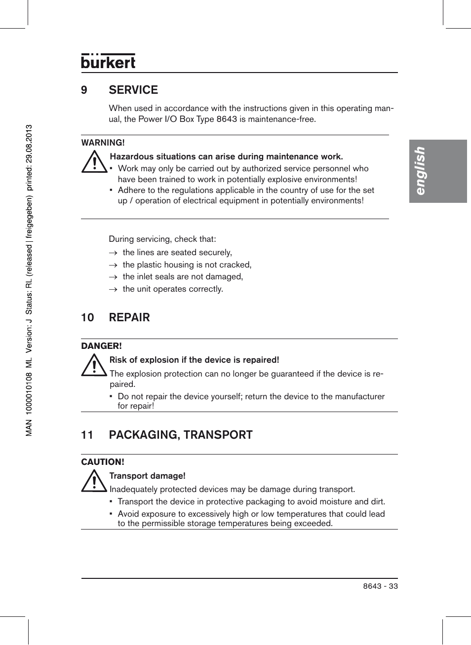 9 service, 10 repair, 11 packaging, transport | English, 9service | Burkert Type 8643 User Manual | Page 33 / 124