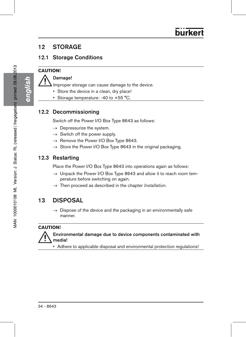 12 storage, 1 storage conditions, 2 decommissioning | 3 restarting, 13 disposal, English | Burkert Type 8643 User Manual | Page 34 / 124